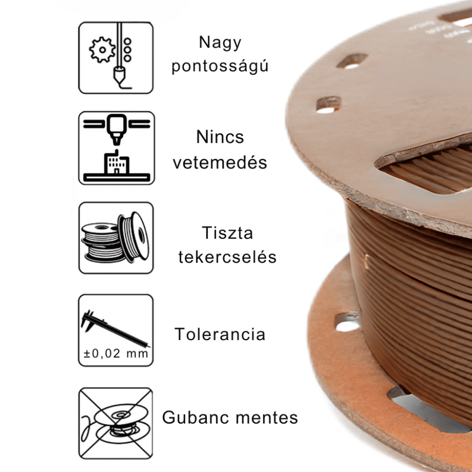 Filament tulajdonságok: nagy pontosságú, nincs vetemedés, tiszta tekercselés, tolerancia, gubanc mentes